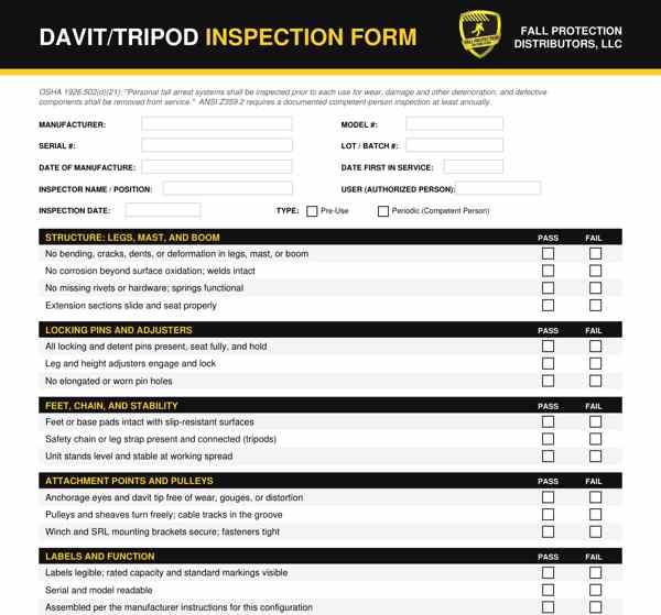 FPD branded davit and tripod inspection form preview
