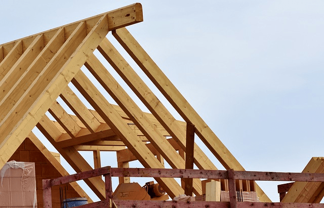 Framed pitched roof at a jobsite.