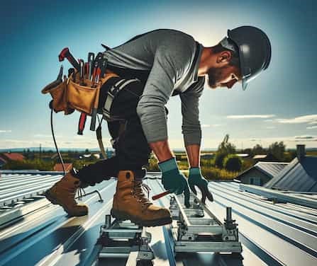worker on a metal roof installing equipment.