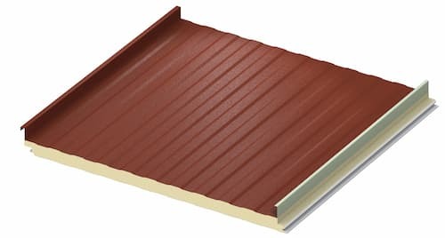 Cross-section of Metl-Span CFR insulated metal panel with standing seam exterior. Metl Span CFR insulated roof system featuring a 22-gauge or 24-gauge steel face. Image courtesy of www.MBCI.com.
