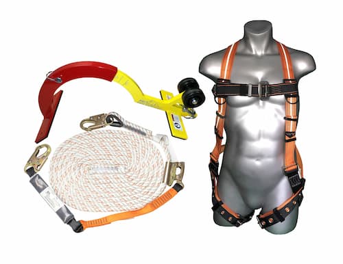 Ridge Pro hook, 50' vertical lifeline, and harness bundle for fall protection. 