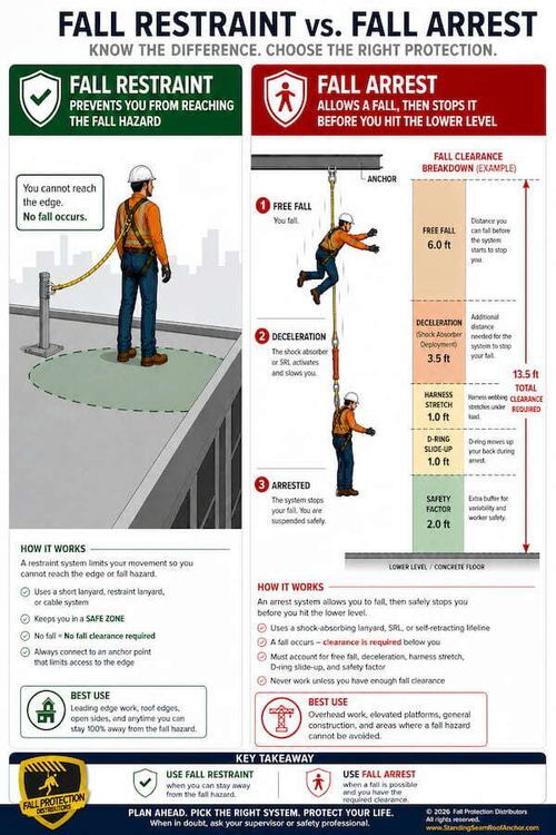 Fall restraint vs fall arrest with a fall clearance breakdown example totaling 13.5 feet of required clearance below the anchor