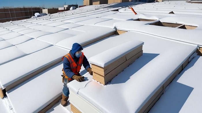 Roofer working in cold climate on snowy roof.