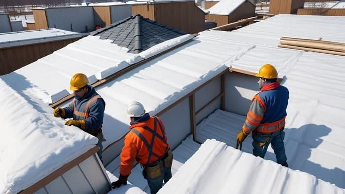 Three workers on a snow covered roof doing safety training.