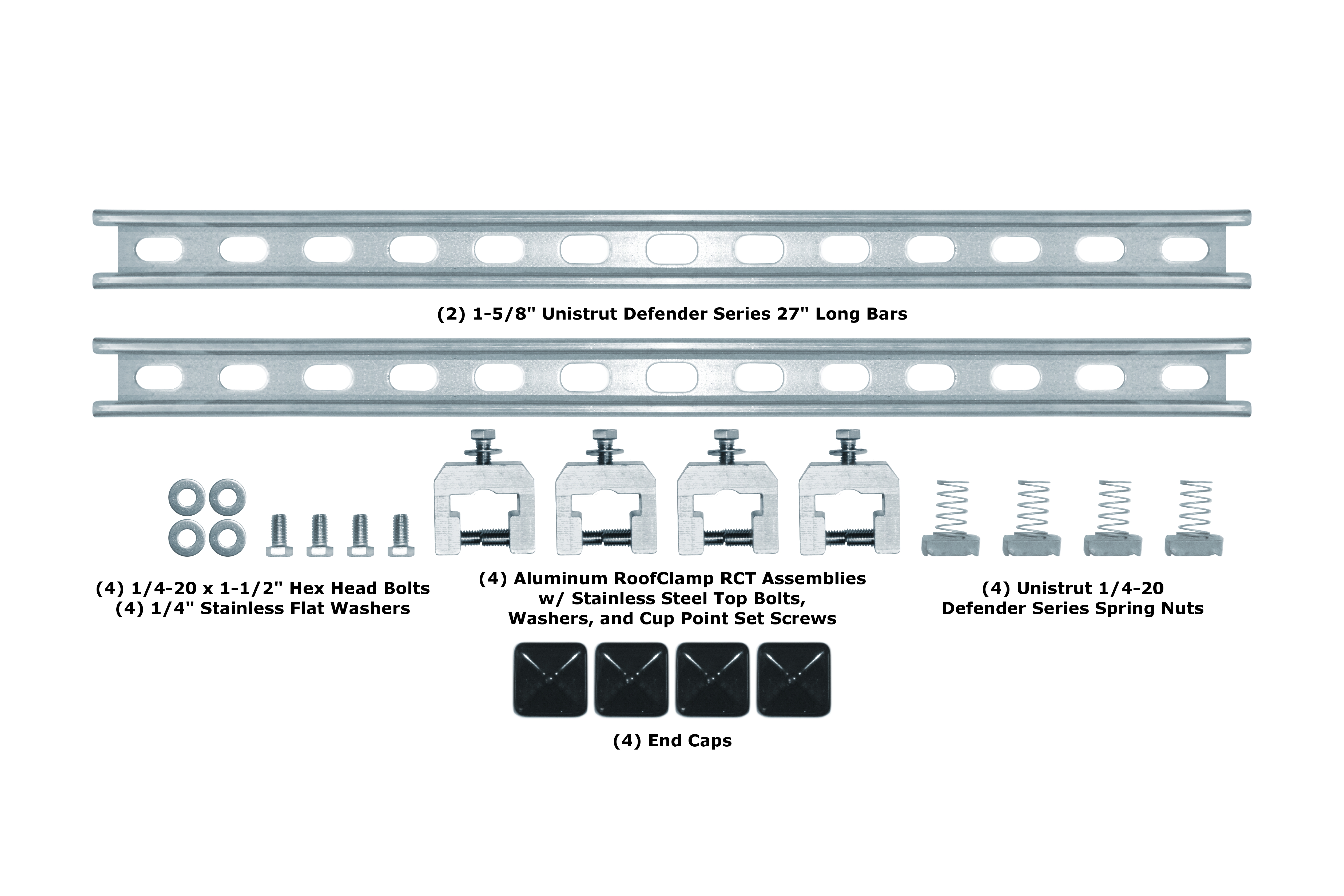 Components included with the SataMount kit for standing seam roofs.