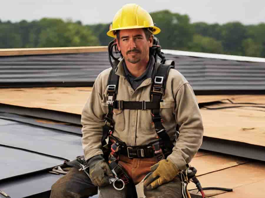 Construction worker wearing hard hat and safety harness on a roof.