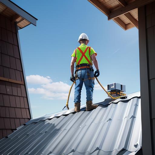 Roofer on a metal roof using fall protection equipment.