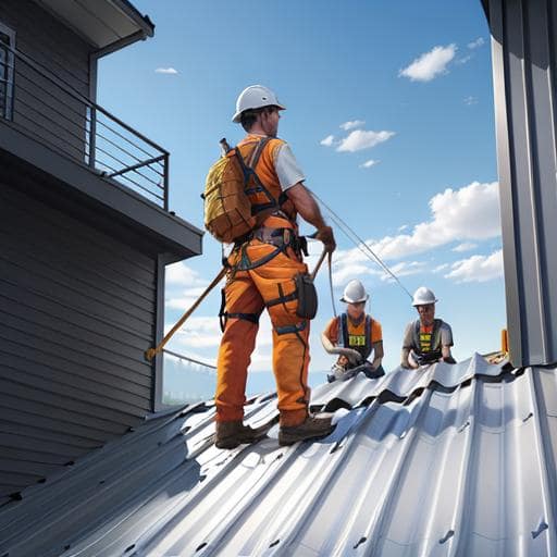 Three workers using fall protection on a metal roof.
