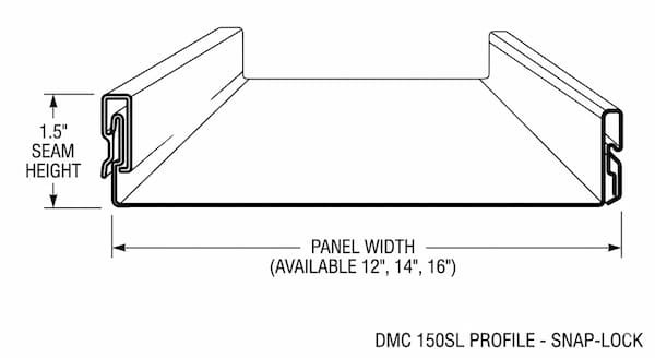 Technical architectural diagram of the Drexel Metals DMC 150SL snap-lock panel profile. Diagram highlights the 1.5-inch seam height and available panel widths of 12, 14, and 16 inches.