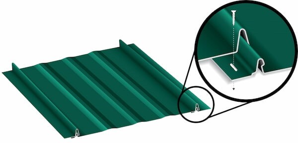 Profile detail of the 1-inch Everlast Metals NS-100 nailstrip standing seam panel. Clipless profile of the Everlast Metals NS-100 nailstrip system. Image courtesy of www.EverlastMetals.com.