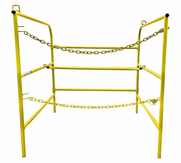 Frontline GUM Manhole Guardrail deployed: a yellow four-sided steel guardrail with two safety chains, 42 inches high, folded out around a roof hatch or manhole opening. Frontline GUM Manhole Guardrail deployed: a yellow four-sided steel guardrail with two safety chains, 42 inches high, folded out around a roof hatch or manhole opening.