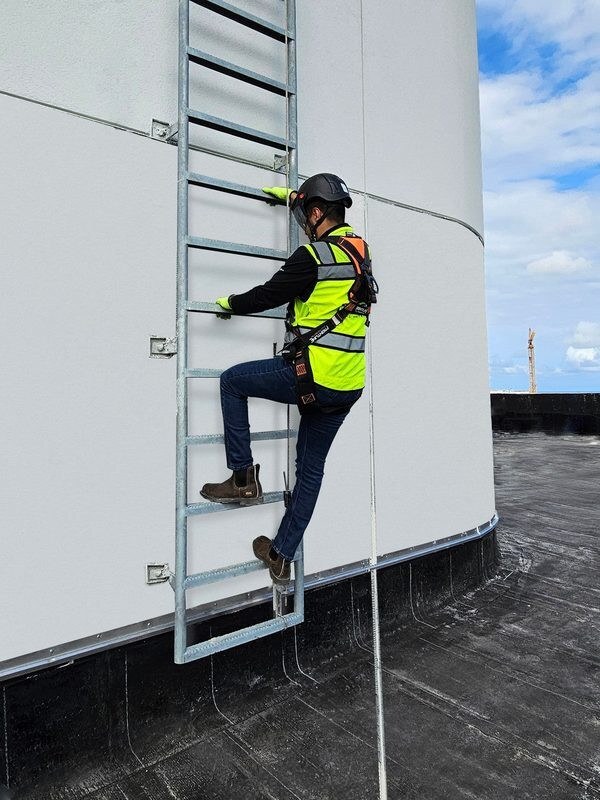 A worker in a harness climbing a fixed ladder on a building, connected to a Frontline VLCS cable vertical lifeline that runs the full height of the ladder. A worker in a harness climbing a fixed ladder on a building, connected to a Frontline VLCS cable vertical lifeline that runs the full height of the ladder.