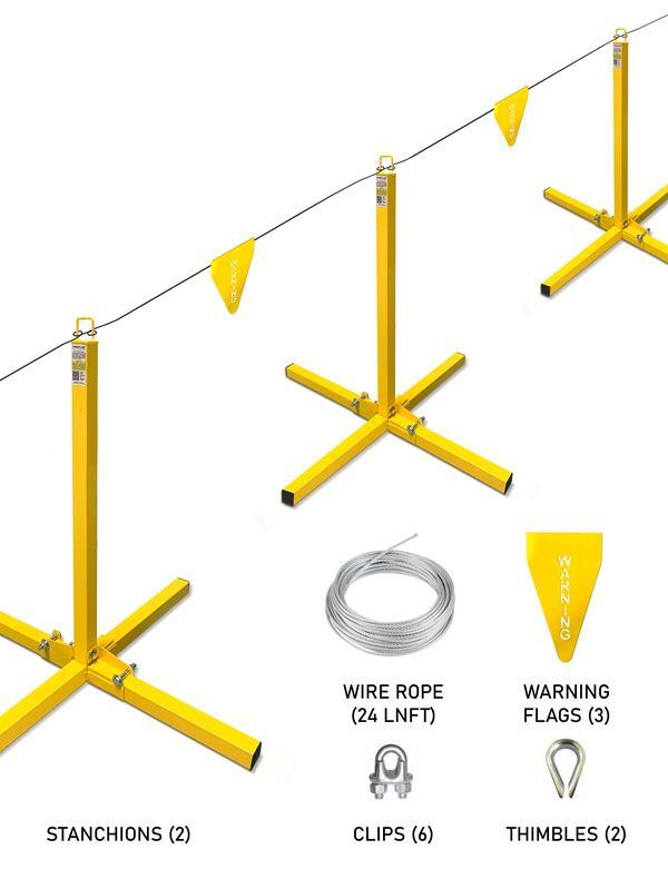 Frontline WLS16 warning line system 24-foot kit: two yellow cross-leg stanchions with a flagged galvanized wire rope strung between them, with the wire rope coil, warning flags, clips, and thimbles shown below.