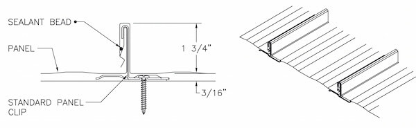 Technical profile view of the Garland R-Mer Loc snaplock seam. It features a 1-3/4 inch vertical rib and an anti-siphon internal gutter.