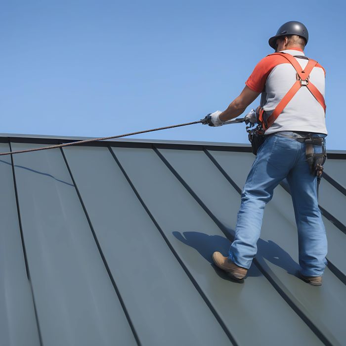 Worker using fall protection on a standing seam metal roof.