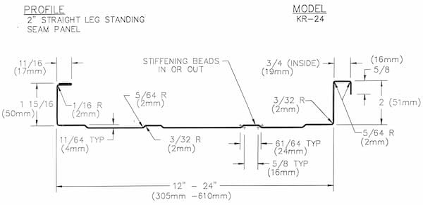 Profile view of Hercules KR-24 mechanical lock standing seam panel with a 2-inch seam height. Image courtesy of https://corrugated-industries.com/