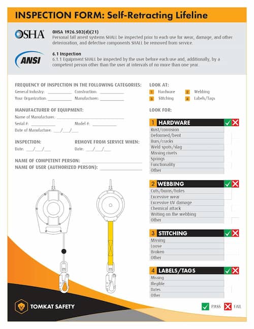 SRL inspection form for fall protection.