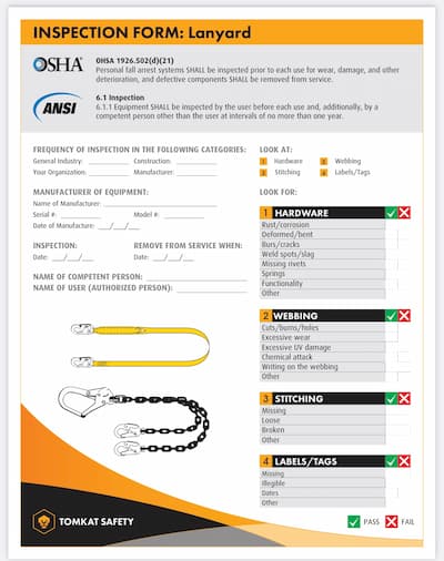 Fall protection lanyard inspection form.