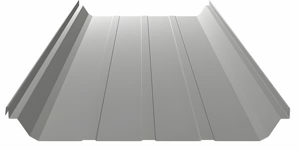 Nucor CFR trapezoidal standing seam metal roof panel profile with 3-inch seam height; image courtesy of www.NucorBuildingSystems.com. Technical profile of the Nucor CFR system, highlighting the wide trapezoidal rib and floating clip assembly for thermal movement; image courtesy of www.NucorBuildingSystems.com.