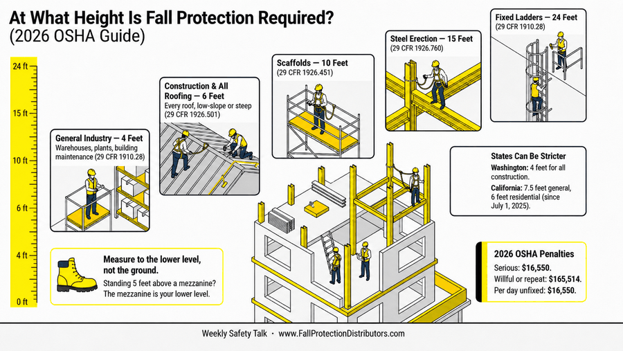 Chart of OSHA fall protection trigger heights: 4 feet general industry, 6 feet construction and roofing, 10 feet scaffolds, 15 feet steel erection, 24 feet fixed ladders