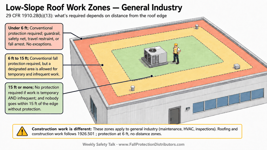 Diagram of OSHA 1910.28 low-slope roof work zones showing protection requirements under 6 feet, 6 to 15 feet, and 15 feet or more from the roof edge