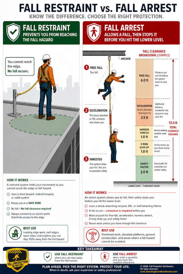 Fall Restraint vs. Fall Arrest: OSHA Comparison Infographic with Fall Clearance Breakdown