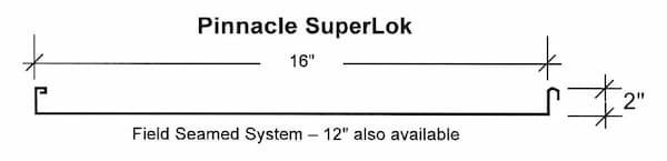 Pinnacle SuperLok field-seamed architectural roofing panel. Profile view of Pinnacle SuperLok vertical-leg standing-seam panel featuring a 2-inch slim rib and mechanical lock. Image courtesy of www.pinnaclestructures.com