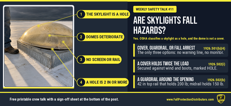 Skylight fall protection rules chart: a drawing of a domed skylight on a roof curb with the hole beneath it labeled, showing that OSHA classifies a skylight as a hole, that a hole is any gap 2 inches or more in its least dimension, that the construction trigger is 6 feet and the general industry trigger is 4 feet, and that a plastic dome deteriorates over time, beside three cited rules: protect every worker from falling through a skylight by a cover, a guardrail, or a personal fall arrest system under 29 CFR 1926.501(b)(4), a cover must support twice the load, be secured, and be marked under 1926.502(i), and a guardrail around the opening needs a 42-inch top rail that holds 200 pounds under 1926.502(b). Skylight fall protection rules chart: a drawing of a domed skylight on a roof curb with the hole beneath it labeled, showing that OSHA classifies a skylight as a hole, that a hole is any gap 2 inches or more in its least dimension, that the construction trigger is 6 feet and the general industry trigger is 4 feet, and that a plastic dome deteriorates over time, beside three cited rules: protect every worker from falling through a skylight by a cover, a guardrail, or a personal fall arrest system under 29 CFR 1926.501(b)(4), a cover must support twice the load, be secured, and be marked under 1926.502(i), and a guardrail around the opening needs a 42-inch top rail that holds 200 pounds under 1926.502(b).