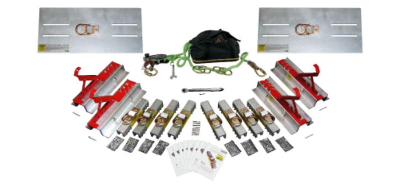 SSRA Ultimate ProPack provides standing seam fall protection ability plus horizontal lifeline attachment and walkboards.