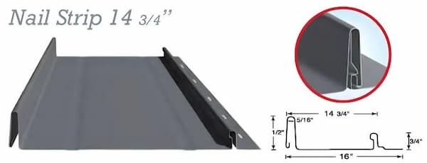 Nail Strip fastener-flange standing seam panel from Steel Tile Co. Image courtesy of www.SteelTile.com. Steel Tile Co. Nail Strip panels feature an integrated fastener flange for a sleek, screw-free appearance. It is a preferred choice for residential roofing where thermal expansion management is a priority.