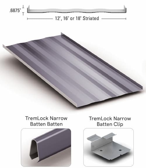 Tremco TremLock Narrow Batten panel. Image courtesy of www.TremCoRoofing.com.
