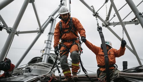 Workers on a roof using fall protection equipment.