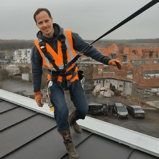 Worker on a metal roof wearing a fall protection harness..