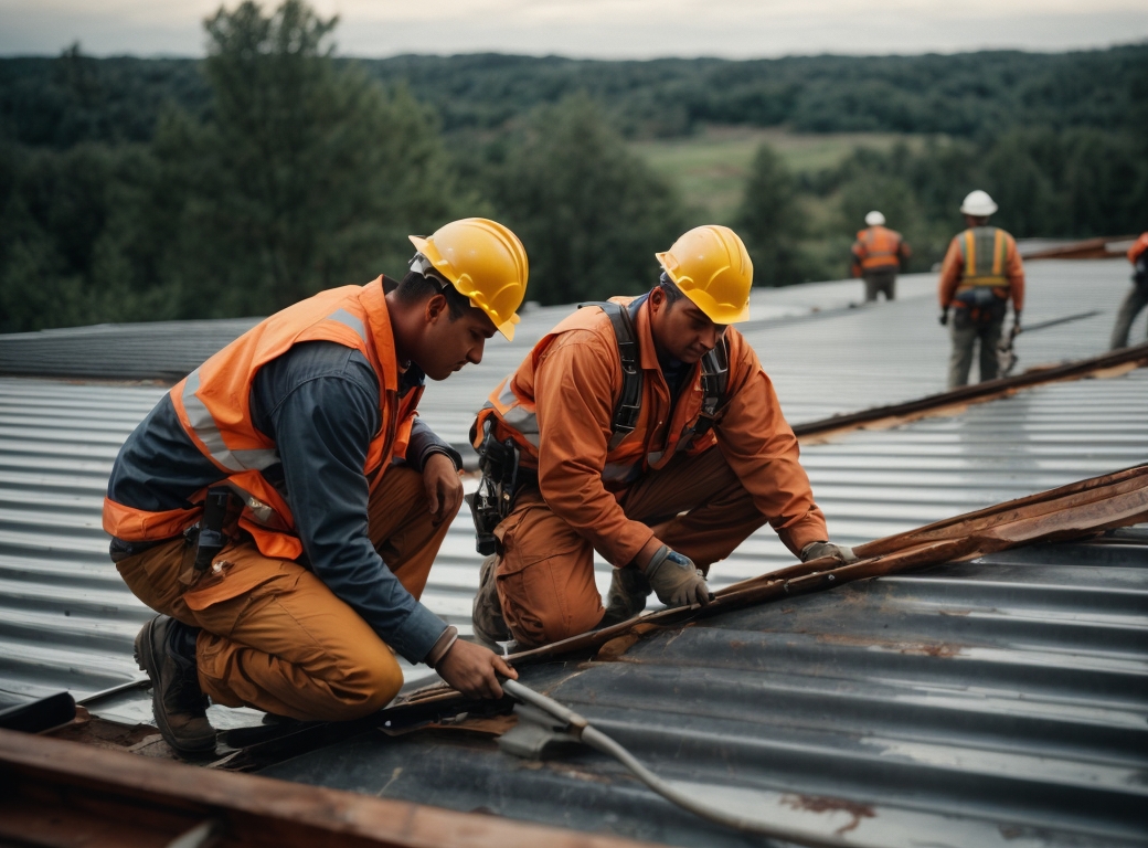 Two workers using safety equipment on a metal roof.