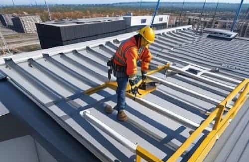 Roofer working on a steel roof.