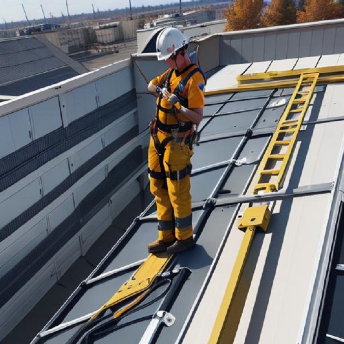 Metal roof worker using fall protection equipment.